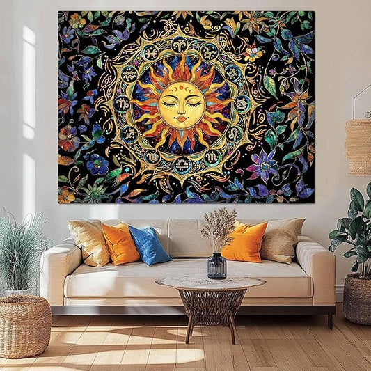 Neasow Mystic Hippie Sun Tapestry, Twelve Constellation Aesthetic Astrology Wall Art, Boho Stained Glass Floral for Living Room Bedroom Home Decor, 60x80 inches