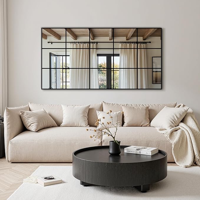 Large Window Pane Full Length Mirror for Wall, 28"x55" Black Rectangular Wall Mirror for Living Room, Bedroom, Entryway, Hanging or Leaning