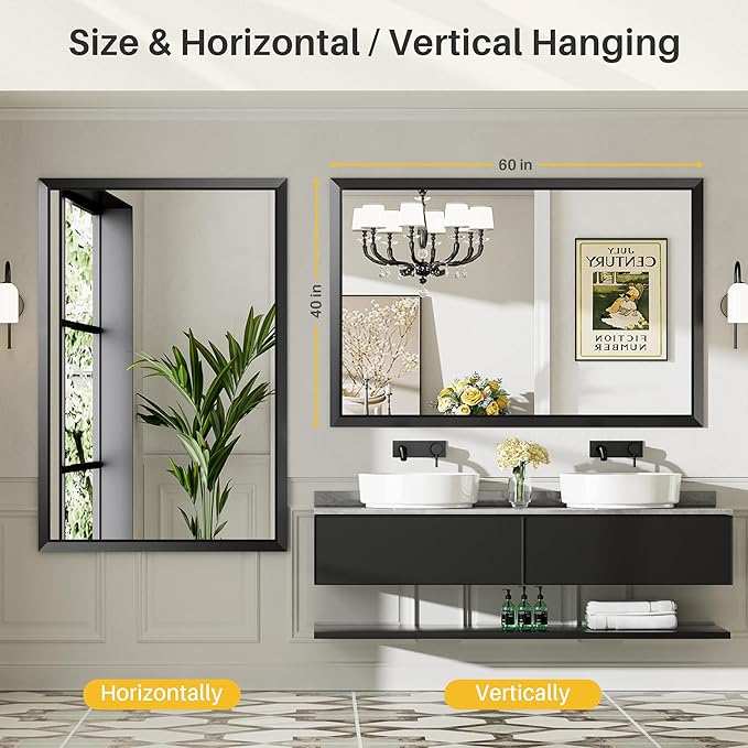 Briivue 60x40 Inch Black Bathroom Mirror for Wall, Thick Metal Framed Rectangle Mirrors for Over Sink, Bedroom, Living Room, Entryway, Anti-Rust, HD Tempered Glass