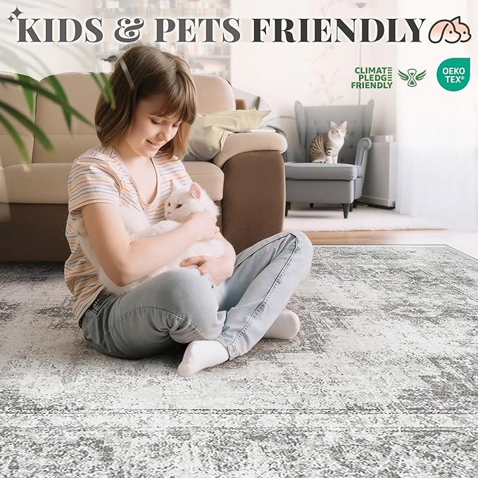 Area Rug 2x6 Runner Rugs: Washable Vintage Hallway Rug Indoor Medallion Rugs Low Pile Distressed Floor Carpet Retro Accent Rug for Kitchen Bedroom Bathroom Dining Room(Grey, 2'x6')