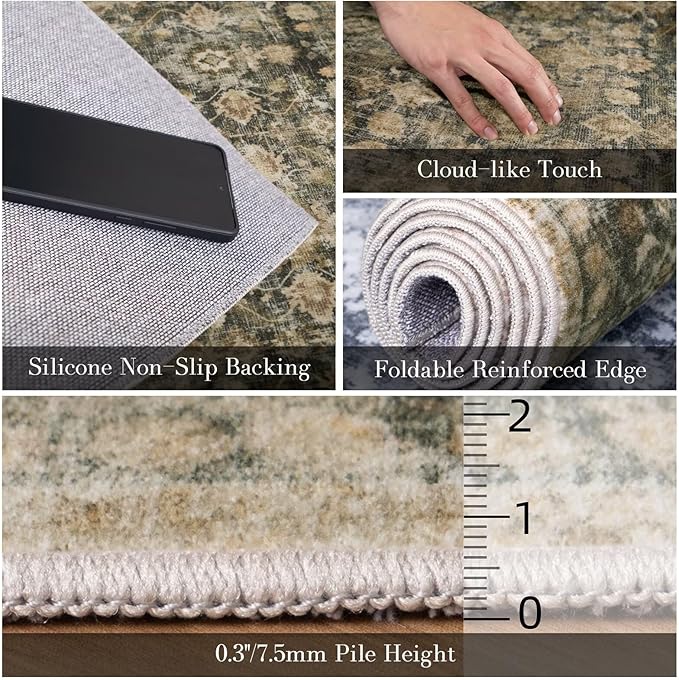Washable 4x6 Rugs for Living Room, Boho Non-Slip Vintage Distress Small Rugs for Bedroom Nursery Office, 0.3" Neutral Oriental Throw Thin Carpet with Cushioning Pad, Moss/Yellow/Multi, C3