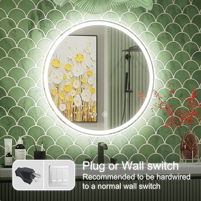 20 Inch Round LED Bathroom Mirror with Anti-Fog, Dimmable Front & Backlit Lights, 6000K Daylight, Frameless, 5mm HD Glass, Memory Function, Touch Control, CRI 90+