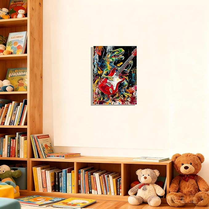 12x16 Graffiti Rock Music T-Rex Wall Art Modern Abstract Dinosaur Canvas Print Colorful Child Funny Pop Home Decor Bedroom Colorful Kids Wall Posters for Boys Room Bathroom Picture Men Office Room Painting