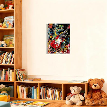12x16 Graffiti Rock Music T-Rex Wall Art Modern Abstract Dinosaur Canvas Print Colorful Child Funny Pop Home Decor Bedroom Colorful Kids Wall Posters for Boys Room Bathroom Picture Men Office Room Painting
