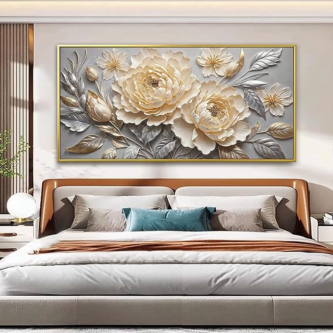 Large Canvas Art Wall Decor Print Silver White Flowers Wall Art Picture Modern Landscape Artwork Painting Gold Framed Wall Art For Living Room Bedroom Home Office Prints Artwork 29" X 58"