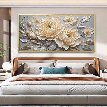 Large Canvas Art Wall Decor Print Silver White Flowers Wall Art Picture Modern Landscape Artwork Painting Gold Framed Wall Art For Living Room Bedroom Home Office Prints Artwork 29" X 58"