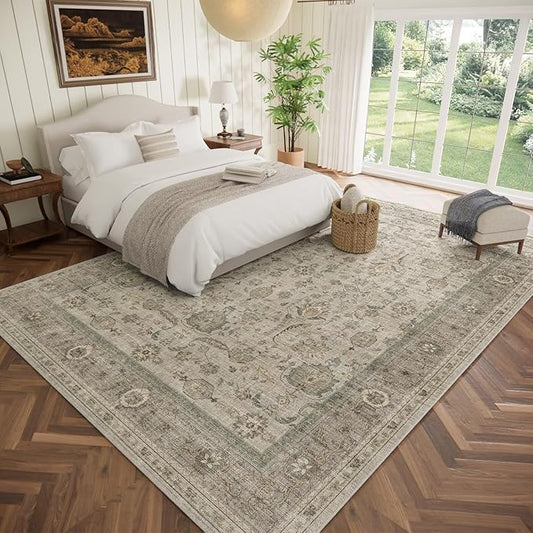 Washable 10x14 Area Rugs for Living Room, Boho Non-Slip Vintage Distress Large Rugs for Bedroom Dining Room Office, 0.3" Neutral Oriental Throw Thin Carpet, Flaxen/Multi, B2
