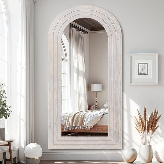 Antok Full Length Mirror with Solid Wood Frame, 76"×34" Wall Mounted Oversized Floor Mirror with Stand, Leaning Standing Hanging for Bedroom Living Room Entryway, White, Arched Syle