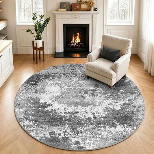 Washable 5 FT Round Rug Grey Circle Area Rugs for Entryway Kitchen, Non Slip Soft Low Pile Stain Resistant, Boho Circular Carpet for Living Room Bedroom Dorm Dining Room Table, Abstract Gray