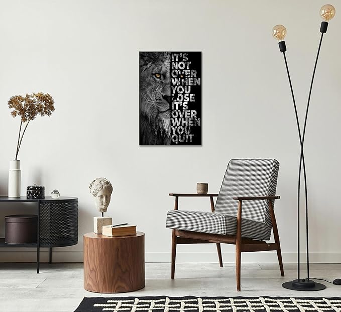 Lion Head Prints Canvas Inspirational Wall Art Black and White Animals Poster Motivational Quote Picture for Office Decor Framed Ready to Hang 24x36inches