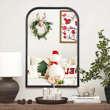 24"x36" Arch Wall Mirror Bathroom Mirror for Wall Mounted, Tempered Glass, Wood Grain Finish Frame Wall Mirror Decorative for Living Room Bedroom Entryway, Black