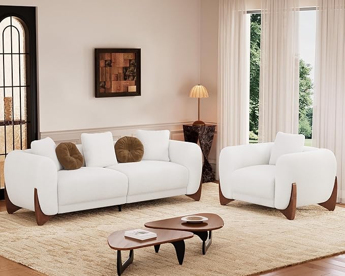 Morden Fort 2 Piece Cloud Couch Set, Modern Sherpa Boucle Sofa Set with Wood Legs, Skin-Friendly Minimalist Upholstered Comfy Couch Sofas for Living Room, 3-Seater Sofa & Accent Arm Chair, White