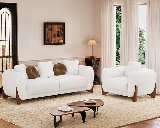 Morden Fort 2 Piece Cloud Couch Set, Modern Sherpa Boucle Sofa Set with Wood Legs, Skin-Friendly Minimalist Upholstered Comfy Couch Sofas for Living Room, 3-Seater Sofa & Accent Arm Chair, White