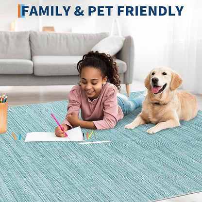 5x7 Washable Rugs Non Slip Minimalist Area Rug for Bedroom Soft Low Pile Solid Color Large Bedroom Throw Carpet Stain Resistant Classic Neutral Area Rug Plain Boho Rugs for Kitchen Nursery, Blue