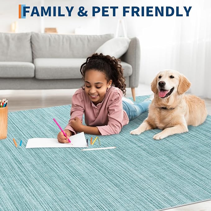 9x12 Area Rugs for Living Room Washable Solid Large Bedroom Rugs Non Slip Soft Modern Abstract Dining Room Throw Carpet Minimalist Classic Plain Area Rug for Nursery Kitchen Home Office, Blue