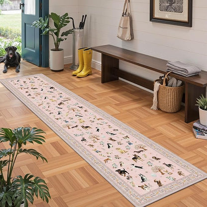 Pink Rug for Hallways Kitchen Rug 2x8, Non Slip Washable Runner Rugs with Rubber Backing Soft Floral Dog Carpet for Hallways, Kitchen, Laundry, Bedroom, Bathroom