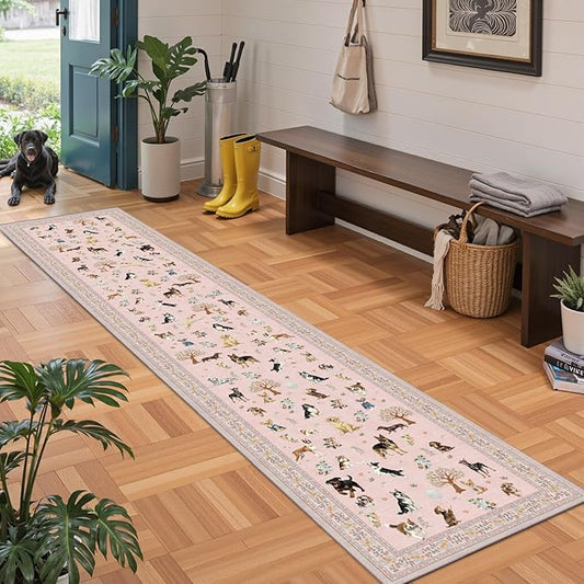 Floral Dog Runner Rug Pink Carpet Non-Slip, 2x10 Washable Rug Ultra-Thin Soft for Hallways, Kitchen Mat Stain Resistant for Entryway Bathroom (2 x 10, Pink)