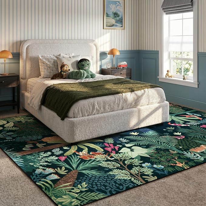 LIVEBOX Washable Bedroom Rug 8x10 Under Bed, Modern Stain Resistant Dark Green Botanical Rug for Living Room Playroom Kids Boy Room, Non-Slip Jungle Forest Print Rugs for Nursery Baby