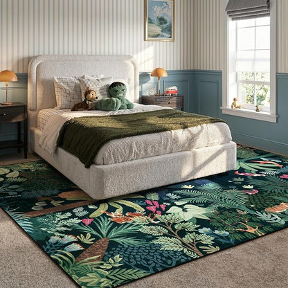 LIVEBOX Washable Bedroom Rug 8x10 Under Bed, Modern Stain Resistant Dark Green Botanical Rug for Living Room Playroom Kids Boy Room, Non-Slip Jungle Forest Print Rugs for Nursery Baby