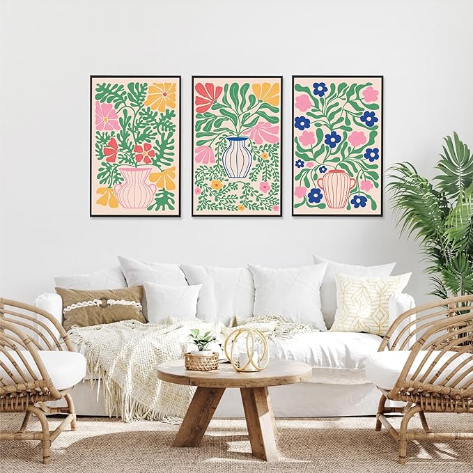 CHDITB Matisse Flowers Vase Framed Canvas Wall Art(16"x24"), 3 Panels Colorful Boho Florals Botanical Plants Artwork Printings, Large Scandinavian Gallery Decor Painting for Bedroom Dining Room Office