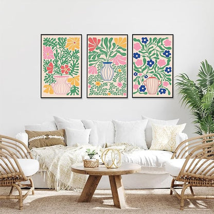 CHDITB Matisse Flowers Vase Framed Canvas Wall Art(16"x24"), 3 Panels Colorful Boho Florals Botanical Plants Artwork Printings, Large Scandinavian Gallery Decor Painting for Bedroom Dining Room Office