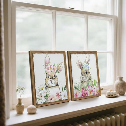 Framed Vintage Easter Wall Art Decor, Easter Bunny Picture Wall Decorations Set of 2, Spring Rustic Rabbit Poster Prints Painting for Kids Room Living Room Bedroom 16x24 Inch