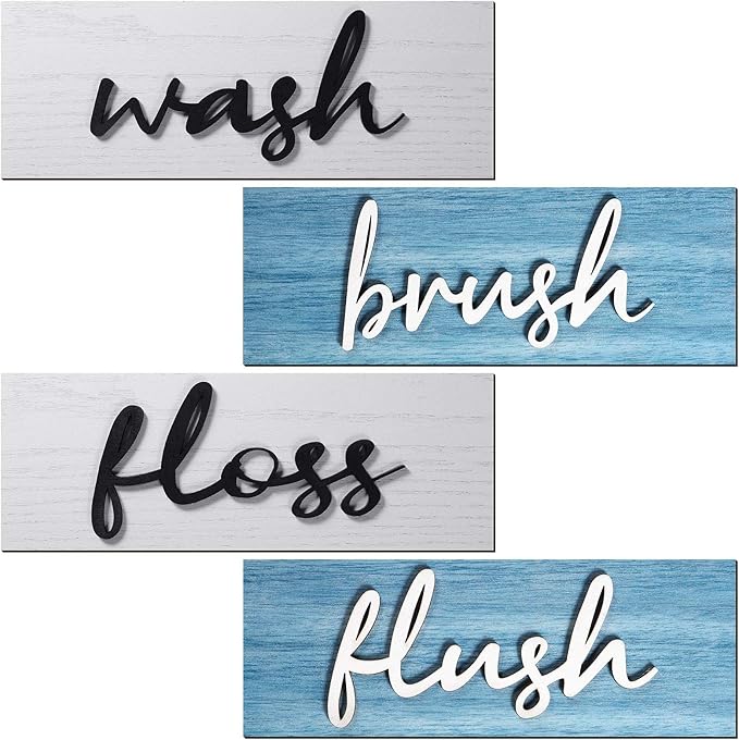 Jetec 4 Pieces Farmhouse Bathroom Wall Decor Wash Signs Rustic Hanging Wooden Signs Primitive Wall Arts Vintage Country Wooden Decorations for Home Room Bathroom(Blue, White)