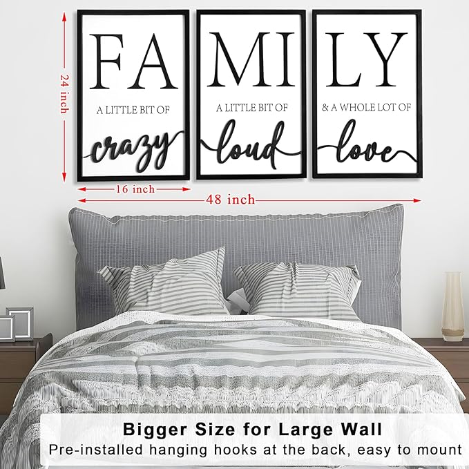 3D Wood Family Wall Decor, 48" x 24" Framed Family Sign Wall Art, 3D Pictures for Living Room (Ready to Hang, 16x24 inches, Set of 3, Framed)
