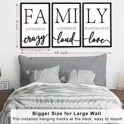 3D Wood Family Wall Decor, 48" x 24" Framed Family Sign Wall Art, 3D Pictures for Living Room (Ready to Hang, 16x24 inches, Set of 3, Framed)
