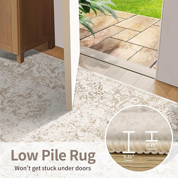 Rugxara 5X7 Washable Area Rug for Living Room, Vintage Neutral Large Boho Rugs for Office, Dining Room, Kids Room, Farmhouse, Durable Low Pile Non Slip Carpet for High Traffic Areas, Light Bown