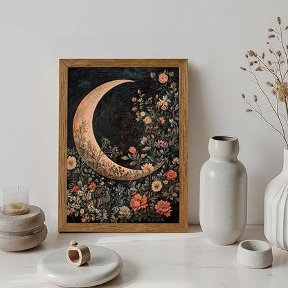 JLTULT Framed Vintage Floral and Moon Canvas Wall Art, Dark Mystical Celestial Floral Wall Decor, William Morris Gothic Prints Artwork for Bedroom Living Room Office Decoration 12x16 in Easy to Hang