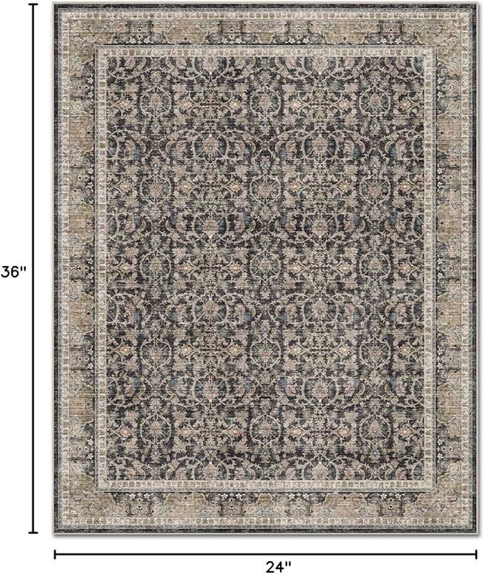 Washable 2x3 Entryway Rug, Boho Non-Slip Door Mat Vintage Distress Small Rugs for Kitchen Nursery Office Bedroom, 0.3" Neutral Oriental Throw Carpet with Cushioning Pad, Black/Blue/Multi,A1