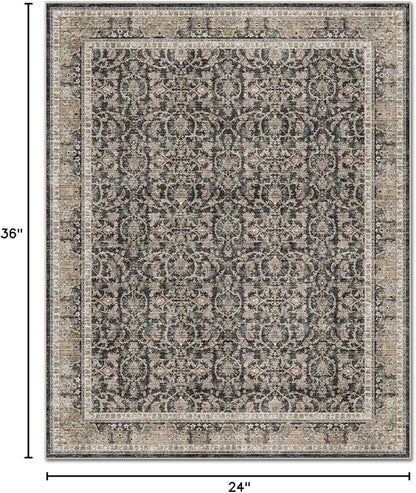 Washable 2x3 Entryway Rug, Boho Non-Slip Door Mat Vintage Distress Small Rugs for Kitchen Nursery Office Bedroom, 0.3" Neutral Oriental Throw Carpet with Cushioning Pad, Black/Blue/Multi,A1