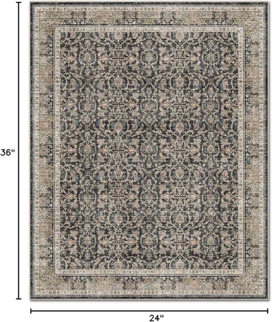 Washable 2x3 Entryway Rug, Boho Non-Slip Door Mat Vintage Distress Small Rugs for Kitchen Nursery Office Bedroom, 0.3" Neutral Oriental Throw Carpet with Cushioning Pad, Black/Blue/Multi,A1