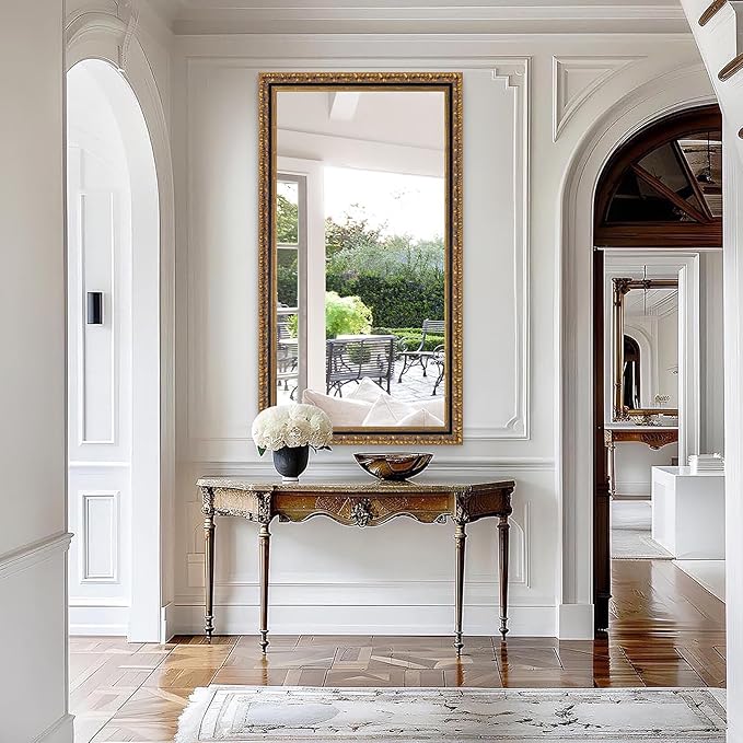Chende Large Gold Mirror for Wall, 52''x28'' Decorative Wall Mirror with Ornate Carvings Wood Frame, Rectangle Vintage Mirror for Dining Room, Entryway, Bathroom, Living Room