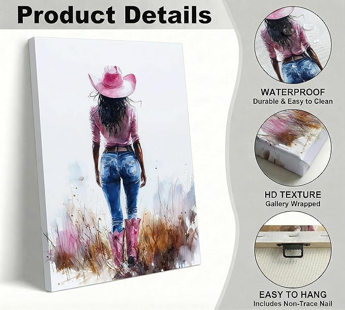 Pink Black Girl Canvas Wall Art Fashion Cowgirl Wall Decor Picture West African American Girl Wilderness Cowgirl Poster Printing for Teen Girls Room Preppy Dormitory Bedroom Artwork Home Decoration
