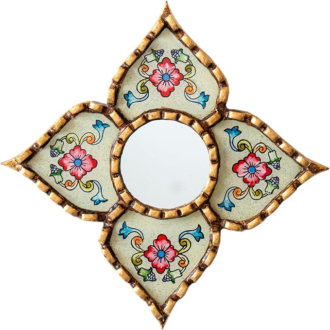 Small Peruvian Mirror, Handmade Artisan Mirror Wall Decor, Reverse Painted Glass Diamond Shape Mirrors 8.26" (Beige)