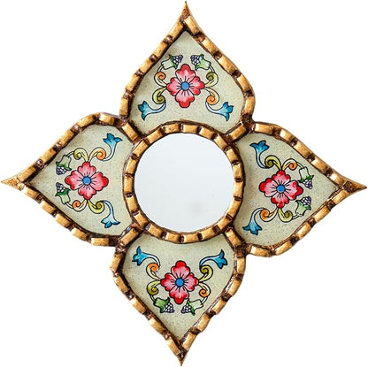Small Peruvian Mirror, Handmade Artisan Mirror Wall Decor, Reverse Painted Glass Diamond Shape Mirrors 8.26" (Beige)