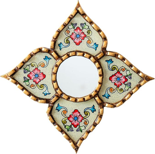 Small Peruvian Mirror, Handmade Artisan Mirror Wall Decor, Reverse Painted Glass Diamond Shape Mirrors 8.26" (Beige)