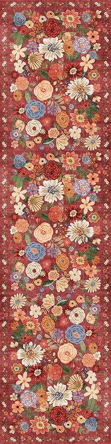 Rug for Hallways Kitchen Rug 2'6" x 14', Non Slip Washable Rugs with Rubber Backing Soft Floral Carpet Runner for Hallways, Kitchen, Laundry, Bedroom, Bathroom, Red Garden