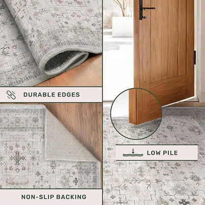 Light Grey 2x6 Boho Bathroom Runner Rug - Modern Vintage Eclectic Floral Pastel Neutral Taupe, Washable Low Pile Non-Slip Runner Rugs for Kitchen, Door Mat Indoor Entrance, Bedroom Laundry Hallway