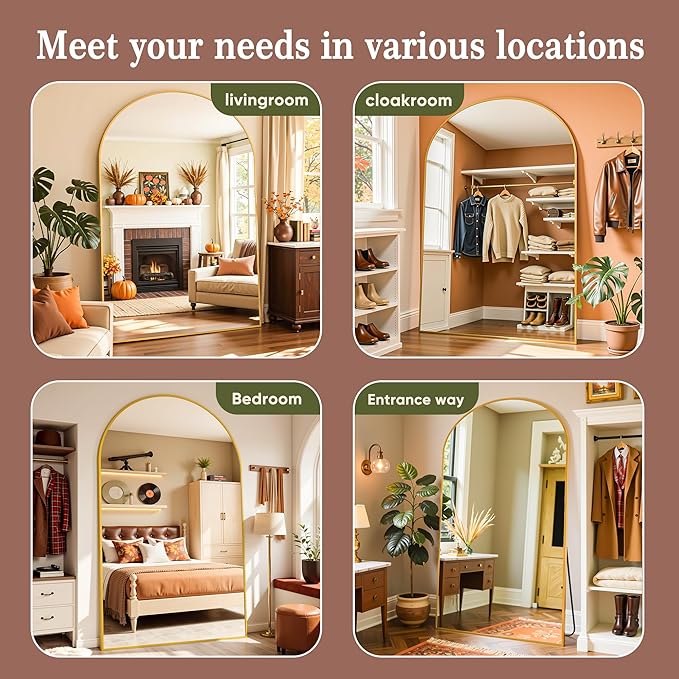Full Length Mirror, 82"x44" Arched Full Body Mirror, Oversized Floor Mirrors, Leaning Free Standing Mirrors, Hanging Mounted Large Mirrors for Bedroom Dressing Room, Cloakroom, Gold