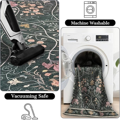 Floral Area Rug 8x10 Washable Vintage Non Slip Rug Large Soft Low Pile Stain Resistant Rugs for Living Room Bedroom Dining Room Laundry Indoor, Dark Grey