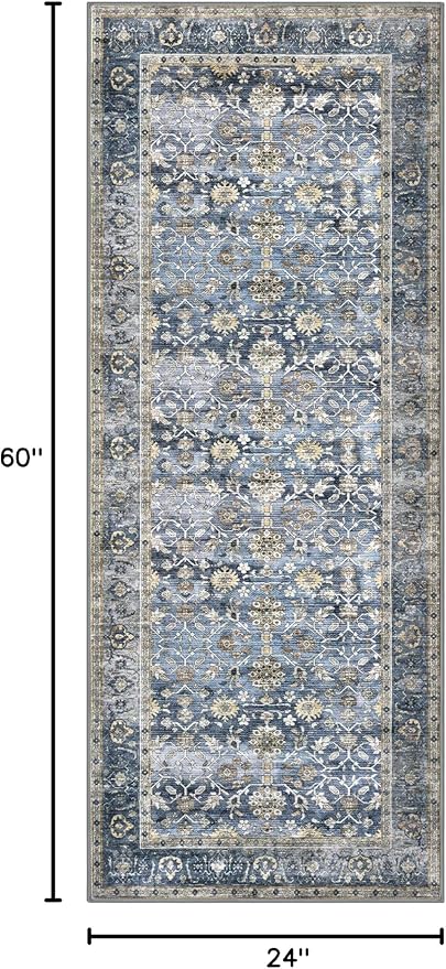KUTA Runners for Hallways 2x5 ft, Vintage Floral Rug Non-Slip Washable Kitchen Rugs Blue Grey Beige Ultra Thin Soft Printed Distressed Flower Carpet Entryway Rugs for Bedroom Laundry Nursery