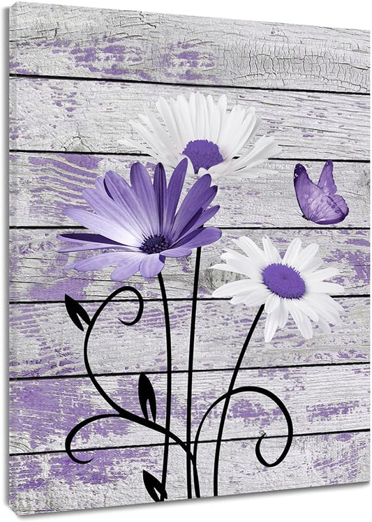 HVEST Farmhouse Floral Wall Art for Living Room, Purple and White Daisy Flower and Butterfly on Rustic Wood Board Canvas Wall Art Framed Artwork Ready to Hang for Bathroom Bedroom Decor, 16L X 12W