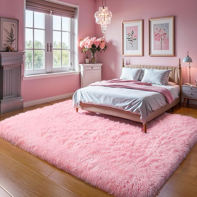 KICHOWUA Thick Area Rugs 6x9 Pink Fluffy Shag for Girls Bedroom, Soft Plush Fuzzy Washable Thickened Non-Slip Large Carpet for Living Room, Modern Shaggy Furry Rugs for Toddler Nursery Kids Dorm Room