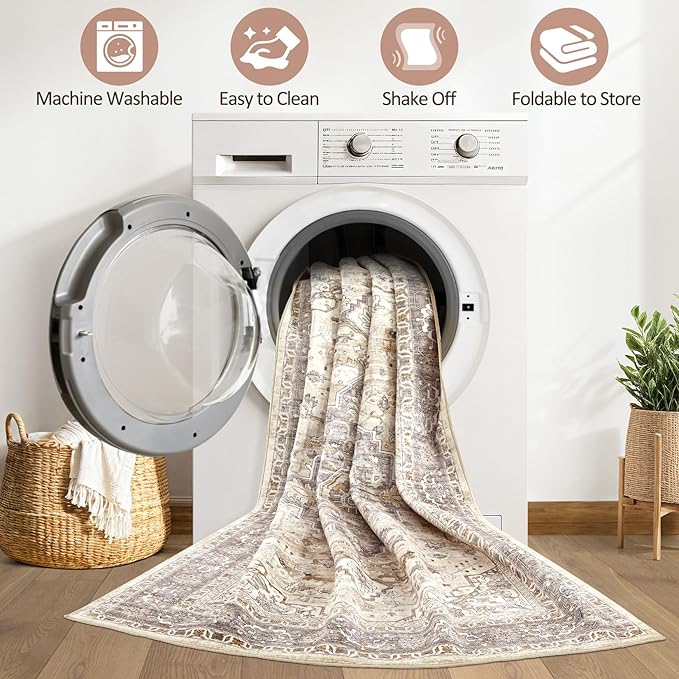 6x9 Area Rugs Living Room: Washable Boho Large Neutral Vintage Soft Rug Stain Resistant Farmhouse Non Slip Indoor Floor Carpet for Bedroom Nursery Kids Playroom Office Dining Room- Beige Brown
