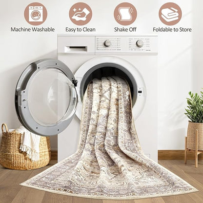 6x8 Area Rug Living Room: Washable Boho Large Neutral Vintage Soft Rugs Stain Resistant Farmhouse Non-Slip Indoor Floor Carpet for Bedroom Nursery Kids Playroom Office Dining Room- Beige Brown
