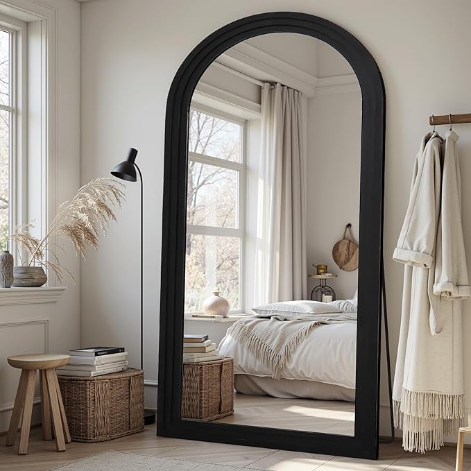 Full Length Mirror, 81"x41" Wooden Mirror Full Length with Stand Wood Floor Mirror, Oversized Stand Up Mirrors Large Wall Mirrors, Wall Mounted Mirrors, Arched Wood Style, Black