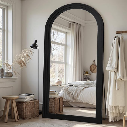 Full Length Mirror, 81"x41" Wooden Mirror Full Length with Stand Wood Floor Mirror, Oversized Stand Up Mirrors Large Wall Mirrors, Wall Mounted Mirrors, Arched Wood Style, Black